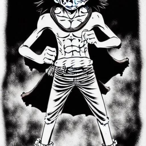 Image similar to Luffy (One Piece, 1997 ), artwork by kentaro miura, Kentaro Miura style, Berserk Style, High details, centered full body pose, zenith angle, shadowy area, dramatic lighting, concept, cinematic composition, manga, black and white ink style, a lot of details with ink shadows