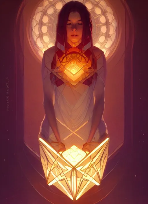 Image similar to symmetry!! mysterious cube floating, glowing lights!! intricate elegant, highly detailed, digital painting, artstation, concept art, smooth, sharp focus, illustration, art by artgerm and greg rutkowski and alphonse mucha