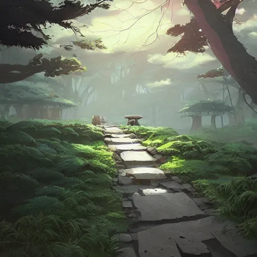 Image similar to concept art by sylvain sarrailh of an stone path leading to an abandonned asian temple, asiatic forest, studio ghibli