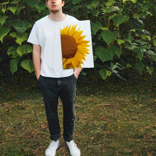 Prompt: rex orange county holding a sunflower album cover, octane render, 8 k, highly detailed, hyperrealistic, rendered in unreal engine 5
