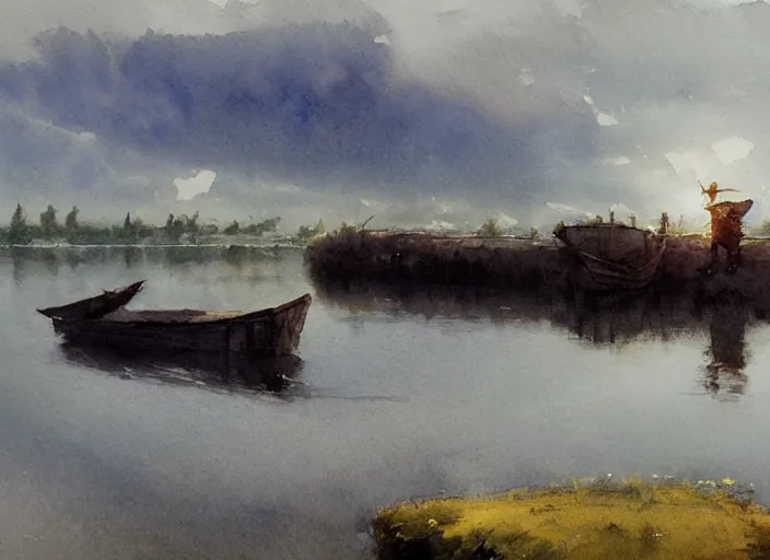 Prompt: watercolor of calm river with wooden boat, stone bridge, art by anders zorn, wonderful masterpiece by greg rutkowski, beautiful cinematic light, american romanticism by greg manchess, creation by tyler edlin