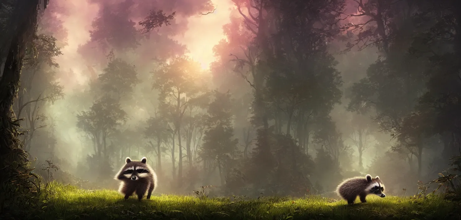 Prompt: beautiful little raccoon is walking in a magical forest. cute fluffy raccoon, cinematic view, epic sky, detailed, concept art, low angle, high detail, warm lighting, volumetric, godrays, vivid, beautiful, trending on artstation, by jordan grimmer, huge scene, grass, art greg rutkowski