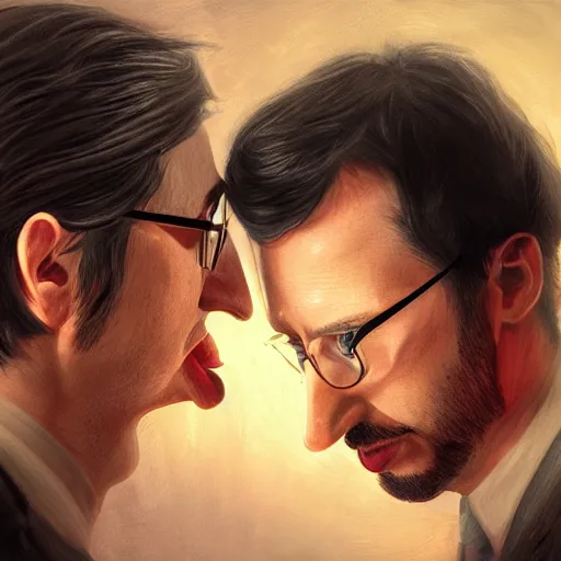 Prompt: photo booth, john oliver with adam driver, john oliver in front, adam driver behind, john oliver, stylized, centered, dark, smokey, fantasy, intricate, elegant, highly detailed, digital painting, deviant art, art by artgerm, art by greg rutkowski, art by alphonse