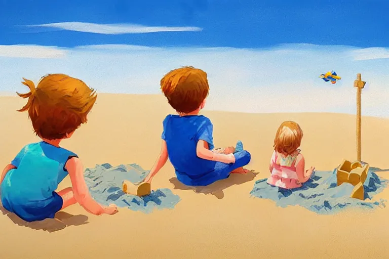 Image similar to Two children sitting on the beach making sandcastles, blue sky, artstation, children's book, HD, by Benji Davies