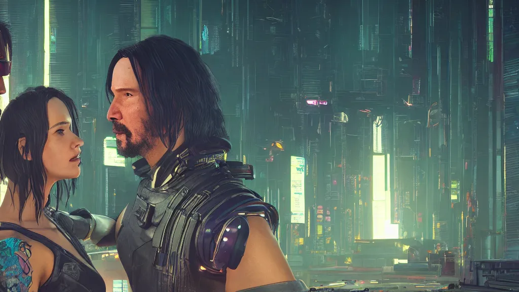 Prompt: a cyberpunk 2077 srcreenshot couple portrait of Keanu Reeves and V as a female android final kisse in night city,love,film lighting,by Lawrence Alma-Tadema,Andrei Riabovitchev,Laurie Greasley,Dan Mumford,John Wick,Speed,Replicas,artstation,deviantart,FAN ART,full of color,intricate,smooth,Digital painting,illustration,face enhance,highly detailed,8K,octane,golden ratio,cinematic lighting