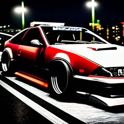 Image similar to a car 300ZX twin turbo drift at illegal car meet, Shibuya prefecture, city midnight mist lights, cinematic lighting, photorealistic, highly detailed wheels, high detail