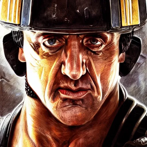 Image similar to Sylvester Stallone as Judge Dredd, artists portrait, fantasy, highly detailed, digital painting, concept art, sharp focus, depth of field blur, illustration, art by artgerm and greg rutkowski and alphonse mucha