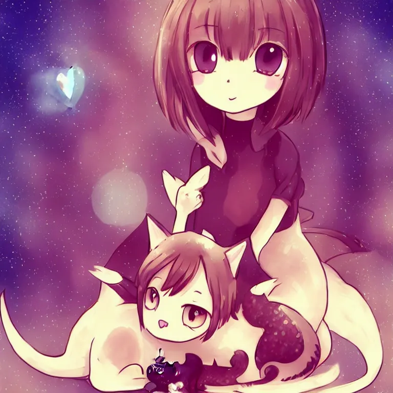 Prompt: cute, full body, female, anime style, a cat girl patting a small dragon, large eyes, beautiful lighting, sharp focus, simple background, creative, heart effects, filters applied, illustration