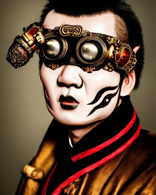 Image similar to photo of a Dramatic angry Peking Opera male character with painted face wearing MadMax style steampunk goggles and accessories in the style of stefan kostic, realistic, sharp focus, symmetric, 8k high definition, insanely detailed, intricate, elegant, art by stanley lau and artgerm, William-Adolphe Bouguereau