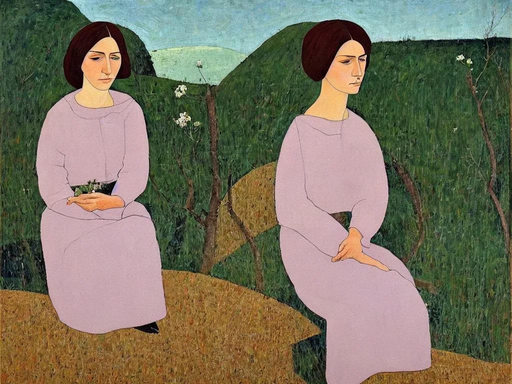 Image similar to a painted portrait of a women outdoors paused in thought, art by felice casorati, aesthetically pleasing and harmonious colors, expressionism