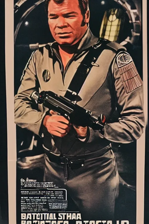 Image similar to a poster of battlestar galactica from 1 9 6 6, starring william shatner