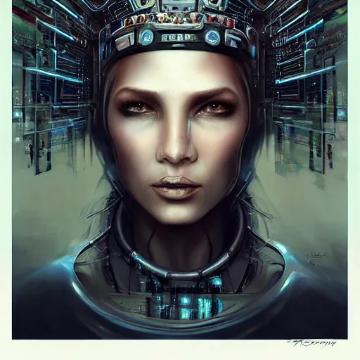 Image similar to A detailed portrait of a cyberpunk queen with machine crown by tomasz alen kopera, trending on artstation,