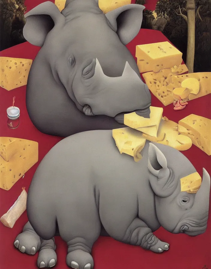 Prompt: obese rhino looking into camera, oliven oil dripping from rhinos mouth, by fernando botero, cheese, oliven oil, grease, food, intricate details, happy