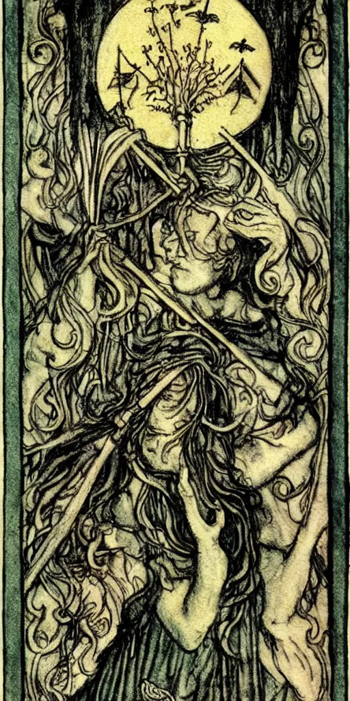 Image similar to tarot card detailed painting, illustration, tarot card framing with roman numbers, in style of Arthur Rackham