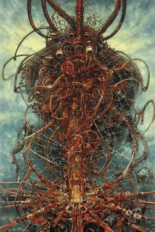 Prompt: realistic detailed image of Mechanical Clown Machine Spider Technological Nightmare by Ayami Kojima, Amano, Karol Bak, Greg Hildebrandt, and Mark Brooks, Neo-Gothic, gothic, rich deep colors. Beksinski painting, part by Adrian Ghenie and Gerhard Richter. art by Takato Yamamoto. masterpiece