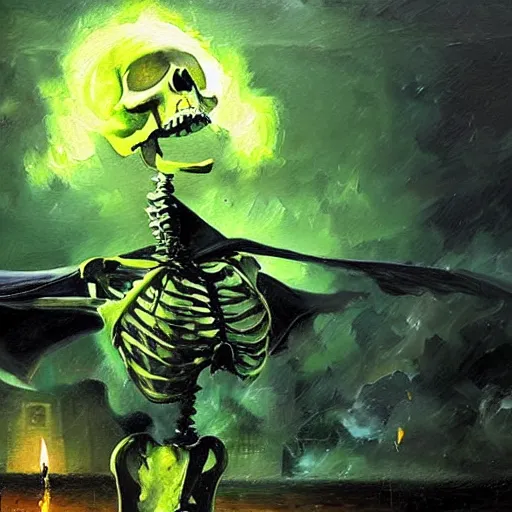 Image similar to A highly detailed oil painting by Greg Rutkowski and Afremov of a skeleton wearing a black cloak making a potion glowing bright green in a huge bubbling cauldron.