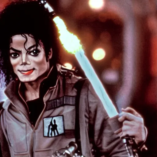 Image similar to stunning awe inspiring michael jackson with a highly detailed face as a ghostbuster in the movie ghostbusters, movie still 8 k hdr atmospheric lighting