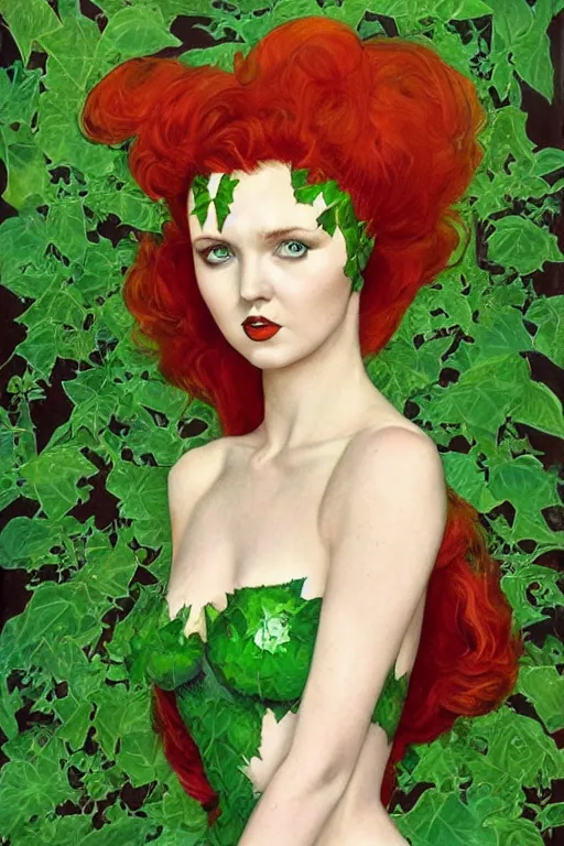 Image similar to full body portrait of lily cole as poison ivy, wearing a green dress and floral growths, epic details by alex ross