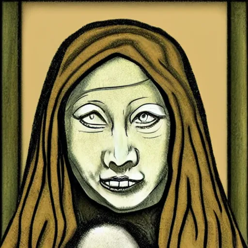 Image similar to grunge drawing of a happy mona lisa in the style of the grudge | horror themed | loony toons style