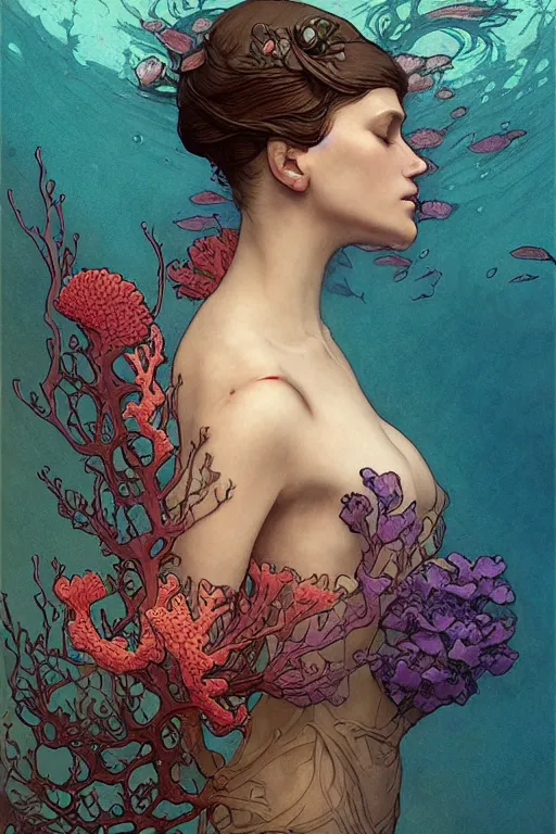 Prompt: profile portrait of a beautiful mysterious woman underwater, hidden hands holding a bouquet of flowers, corals and fish, by eve ventrue, michael carson, andreas rochas, john watkiss, casey weldon, artgerm. art nouveau. tarot card by mucha. gloomhaven. swirly intricate linework background. gaudy colors, sharp edges. octane render