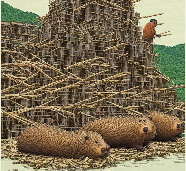 Image similar to photography hyperrealism concept art of highly detailed anthropomorphic beavers builders that building city with sticks by hasui kawase