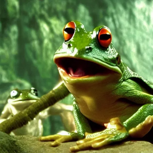 Prompt: movie film still scene, lord of the rings with frog heads