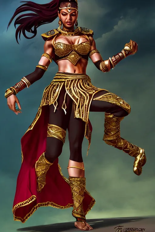 Prompt: Full body Picture of a Battle Dancer, arab inspired, wearing two metallic rings, dark brown skin, light red hair, waist reaching ponytail, crimson attire, exposed midriff, battle, detailed face features, dark green eyes, gold jewerly, sensual, D&D, by artgerm and Craig Mullins, James Jean, Andrey Ryabovichev, Mark Simonetti and Peter Morbacher, matte painting, trending on artstation, artstationHD, artstationHQ, octane, full HD, 16K
