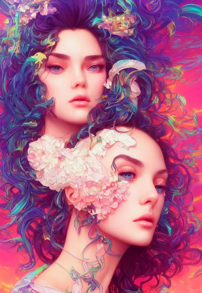 Image similar to beautiful, young woman, detailed gorgeous face, vaporwave aesthetic, synthwave, colorful, psychedelic, artstation, concept art, smooth, extremely sharp detail, finely tuned detail, ultra high definition, 8 k, unreal engine 5, ultra sharp focus, illustration, art by artgerm and greg rutkowski and alphonse mucha