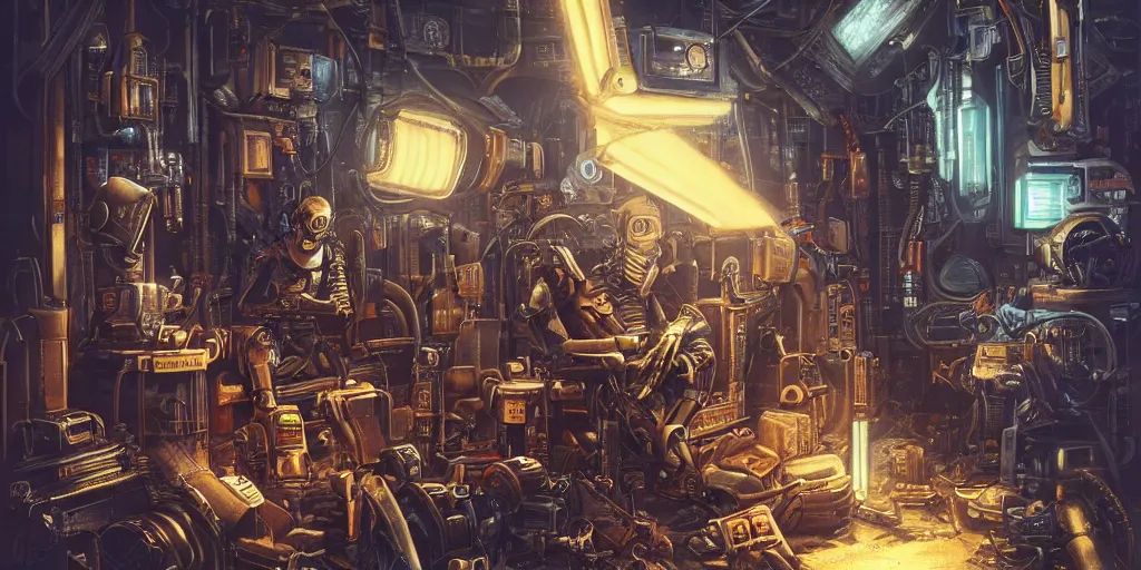 Prompt: (a mechanical man) sits alone in a shed reassembling and upgrading itself from spare parts, shafts of light catch the dust in the air, tools are strewn all across the floor, finely detailed still frame from Blade Runner 40k Neon Reboot