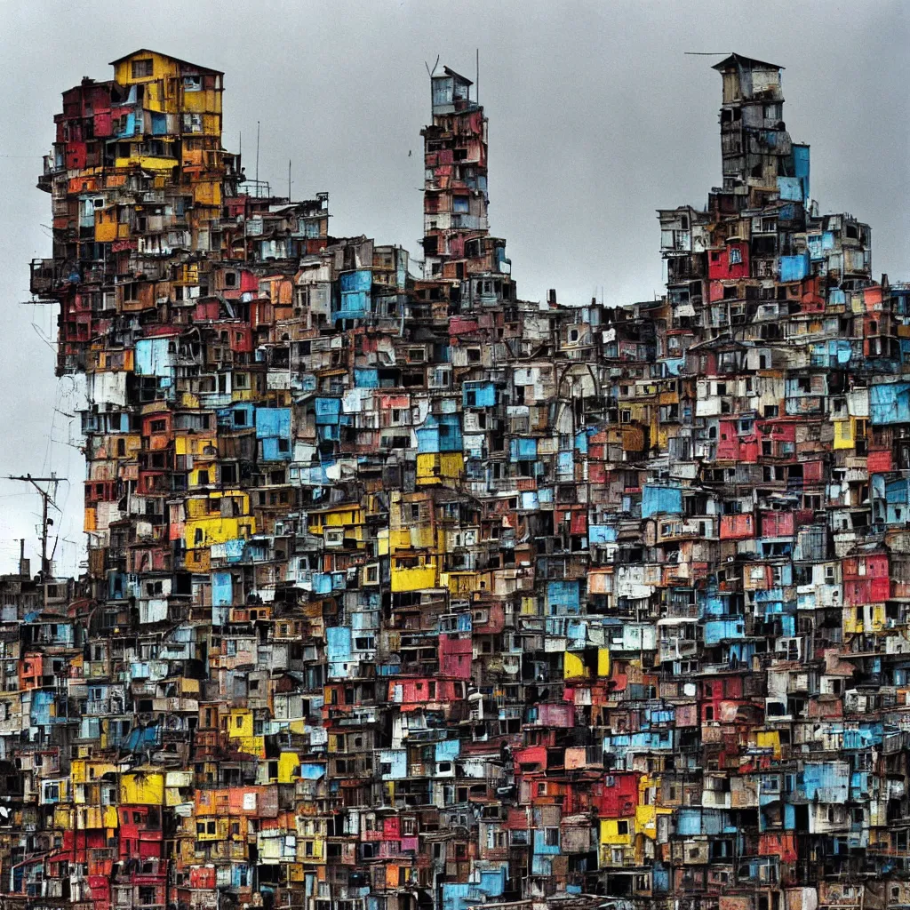 Image similar to close - up view of a tower made up of colourful makeshift squatter shacks with bleached colours, moody cloudy sky, dystopia, mamiya, very detailed, photographed by bruno barbey