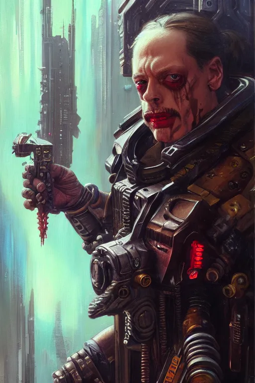 Image similar to character portrait cyberpunk warhammer 4 0 k steve buscemi, character design, painting by gaston bussiere, katsuya terada, frank frazetta, tom of finland, trending on artstation