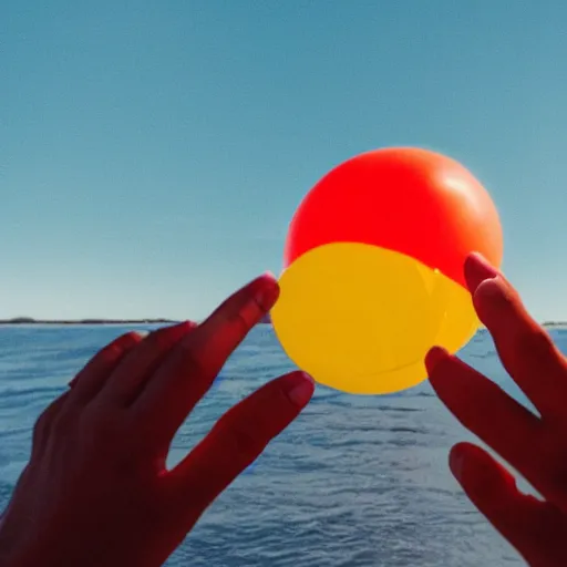 Prompt: album art of a human hand with five fingers holding a yellow balloon sticking out of the ocean with a red sky in the background by chris bilheimer