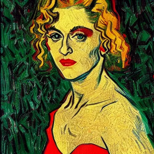 Prompt: an artistic portrait of madonna, high quality, studio photography, colorful, hero, 1 9 8 8, heroic, beautiful, in the style of vincent van gogh