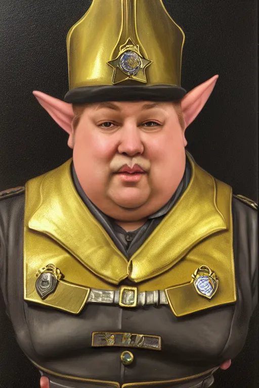 Image similar to high fantasy elf mall cop with a sheriff's badge that is fat, shifty, and incompetent, portrait from the chest up, Oil Painting, hyper realistic, dutch golden age, 3/4, bust 8k UHD scan