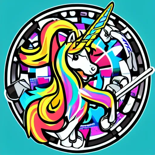 Image similar to svg vector sticker of a Unicorn-Pegasis, rocking out, wearing headphones, huge speakers, dancing, rave, DJ, spinning records, digital art, amazing composition, rule-of-thirds, award-winning, trending on artstation, featured on deviantart