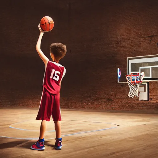 Prompt: an epic portrait of a boy playing basketball in a basketball court with a basketball hoop visible, highly detailed, high quality, HDR, path tracing, epic image, realistic face, hyperrealistic, badass pose, digital art, anatomically correct, dramatic lighting, studio quality, profile photo