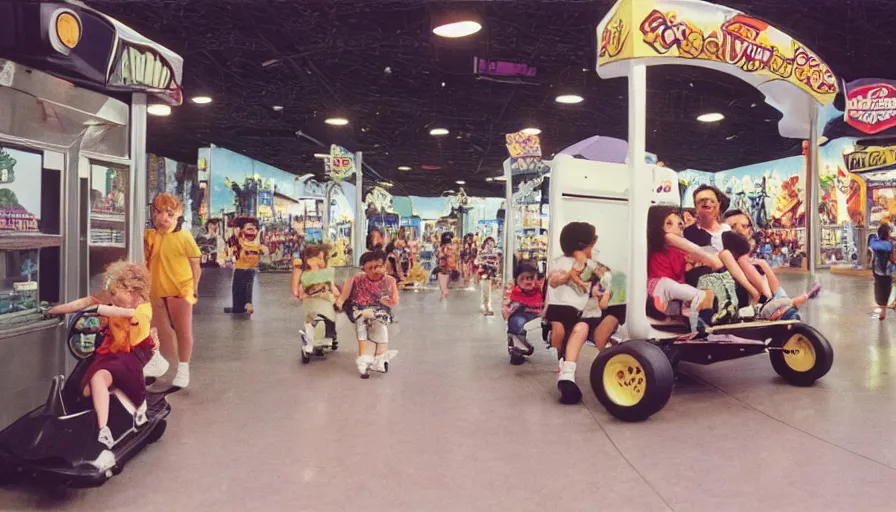 Prompt: 1990s photo of inside the Boring News Grown up errands ride at Universal Studios in Orlando, Florida, children riding on tiny ice cream truck go-carts through a mall, slime monsters, business men, cinematic, UHD