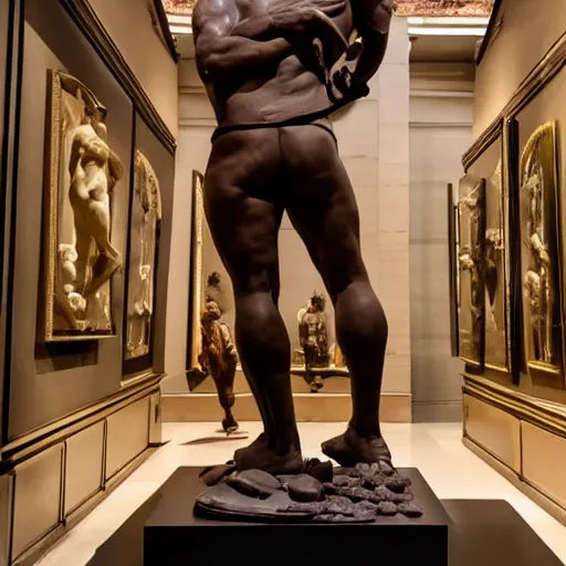 Prompt: statue of Hercules made of chocolate, in a museum, photo, 4k, intricate, detailed, smooth, crisp focus, full body, wide angle
