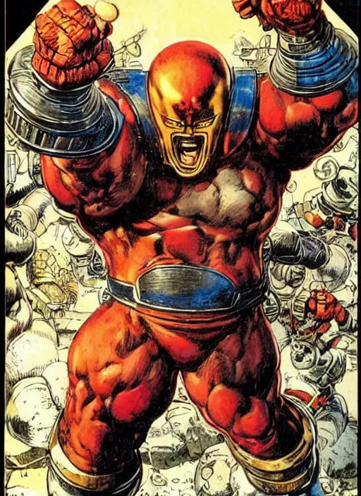 Image similar to huge morgan aste as marvel's juggernaut wearing metal helmet, dynamic, by jack kirby and greg staples and norman rockwell and tom lovell