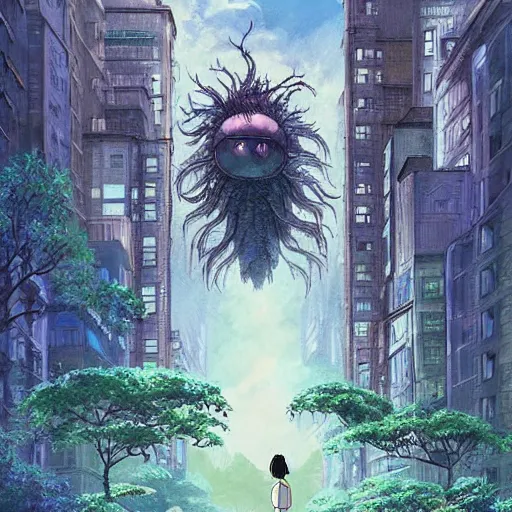 Image similar to a beautiful movie still in the style of Studio Ghibli anime showing a giant alien creature flying through a post-apocalyptic New York City overrun with vegetation. Studio Ghibli, trending on artstation, trending on behance