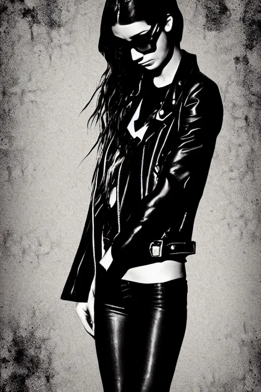 Image similar to dreamy rock girl, black leather jacket, detailed acrylic, grunge, perfect lighting. professional design. great composition, illustration