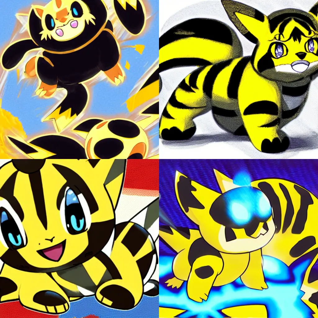 Prompt: a cute round black and yellow baby tiger pokemon using an electric attack, official art by ken sugimori