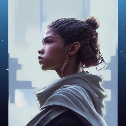 Image similar to star wars jedi zendaya profile picture by Greg Rutkowski, intricate details, futuristic, volumetric lights, streetwear, studio ghibli, Organic Painting , Matte Painting, geometric shapes, hard edges, trending on the artstation, fantasy LUT, realistic by Sachin Teng + Martin Grip + Moebius + Patrick Gleason, smooth, sharp focus, illustration, art by John Collier and Albert Aublet and Krenz Cushart and Artem Demura and Alphonse Mucha, techwear, Industrial Scifi, detailed illustration, character portrait,