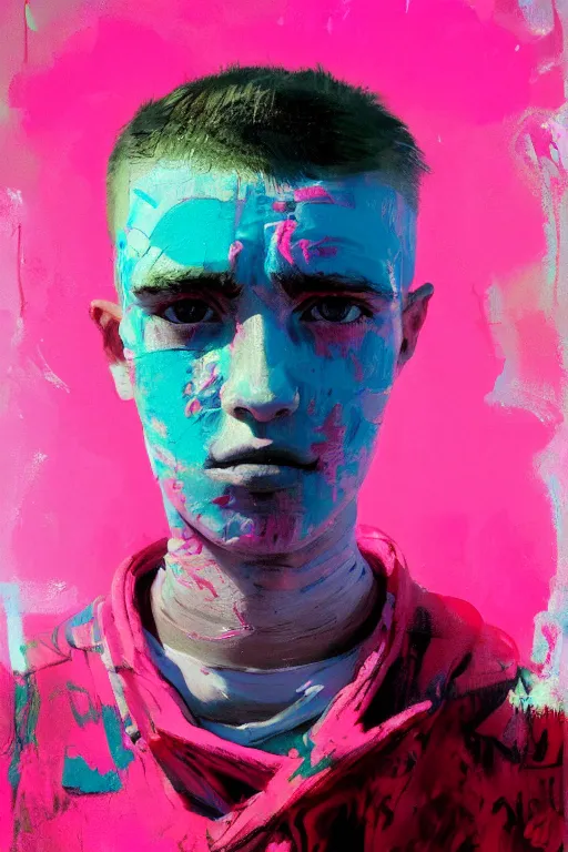 Image similar to portrait of a young soldier boy nor living in a death postapoliptic world, painted in acrylic, in the colors hot pink and cyan, beautiful realistic face, rule of thirds, dutch soldier outfit, spotlight, by greg rutkowski, by jeremy mann, by francoise nielly, by van gogh, digital painting