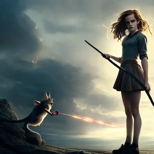 Prompt: emma watson as hermione granger, standing in front of a giant mouse, holding the elder wand, digital art by greg rutkowski, artstation, sharp focus, intricate, detailed, but as photography, film still, cinematic