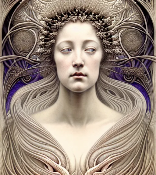 Image similar to beautiful young orchid queen detailed realistic porcelain face portrait by jean delville, gustave dore, iris van herpen and marco mazzoni, art forms of nature by ernst haeckel, art nouveau, symbolist, visionary, gothic, neo - gothic, pre - raphaelite, fractal lace, intricate alien botanical biodiversity, surreality, hyperdetailed ultrasharp octane render