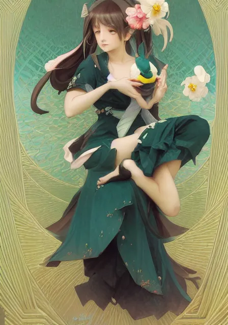 Image similar to hatsune miku holding pikachu, intricate, elegant, highly detailed, digital painting, artstation, concept art, smooth, sharp focus, illustration, art by artgerm and greg rutkowski and alphonse mucha and william - adolphe bouguereau