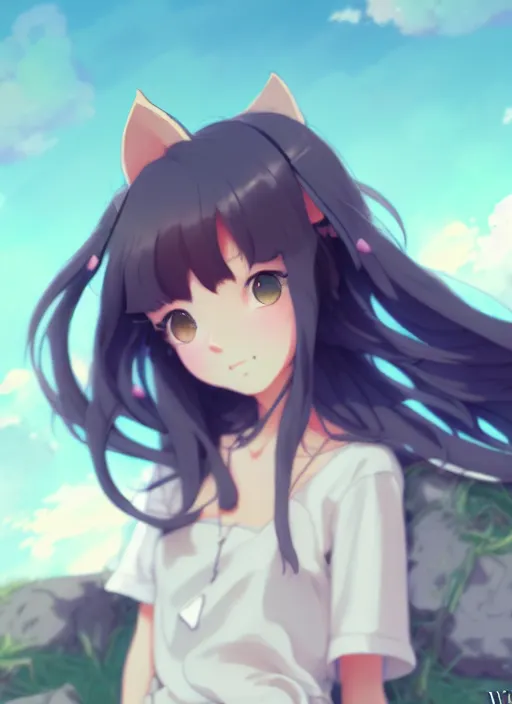 Image similar to portrait of cute catgirl, cloudy sky background lush landscape illustration concept art anime key visual trending pixiv fanbox by wlop and greg rutkowski and makoto shinkai and studio ghibli