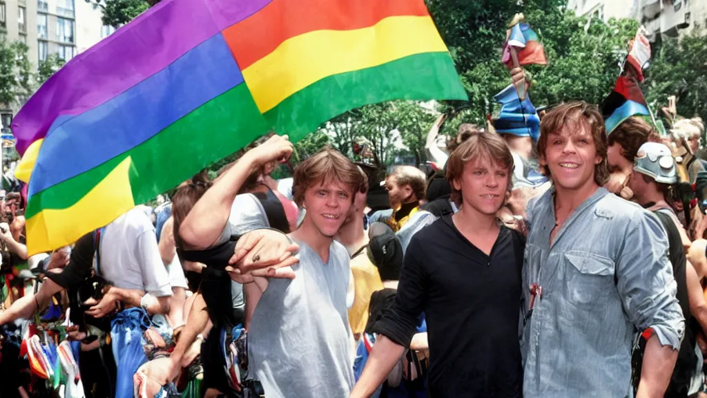 Image similar to rotj luke skywalker and the mandalorian go to pride, getty images, victorious, flags, parade, gay rights, bright smiles, daylight, twenty three year old luke skywalker and din djarin at gay pride, 3 5 mm photography, young mark hamill and pedro pascal, very happy, smiling