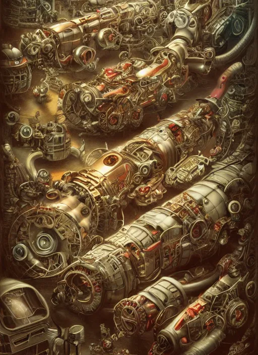 Image similar to highly detailed wide - angle portrait of a retro mechanical centipede, nicoletta ceccoli, mark ryden, lostfish, earl nore, hyung tae, frank frazetta, global illumination, detailed and intricate environment